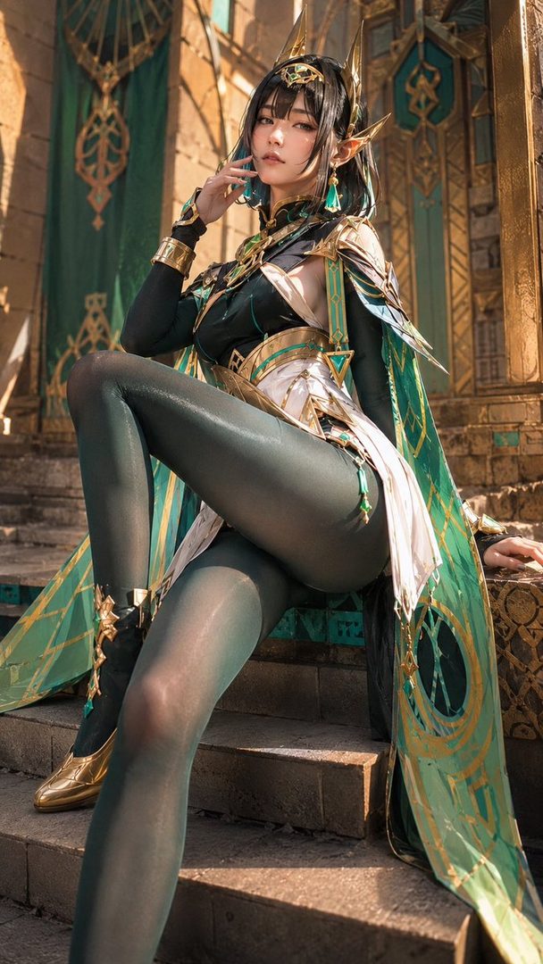 A woman in a detailed green and gold fantasy costume, with pointed ears and dark hair, poses on stone steps.