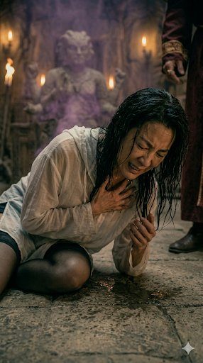 A woman with wet black hair is crying and kneeling on a stone floor in a dimly lit room with a statue in the background.