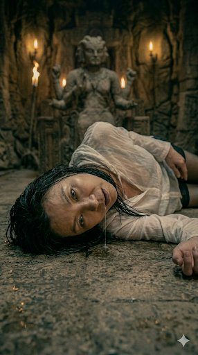 A woman lies on the ground in a dimly lit stone chamber, with a statue and candles in the background. She is wearing a wet white shirt and has liquid dripping from her mouth.