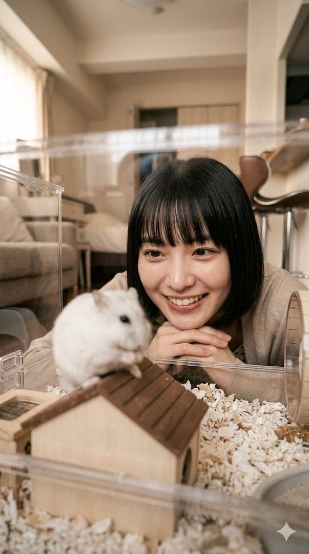 A young woman with short black hair and bangs smiles warmly as she looks at a hamster in its cage.