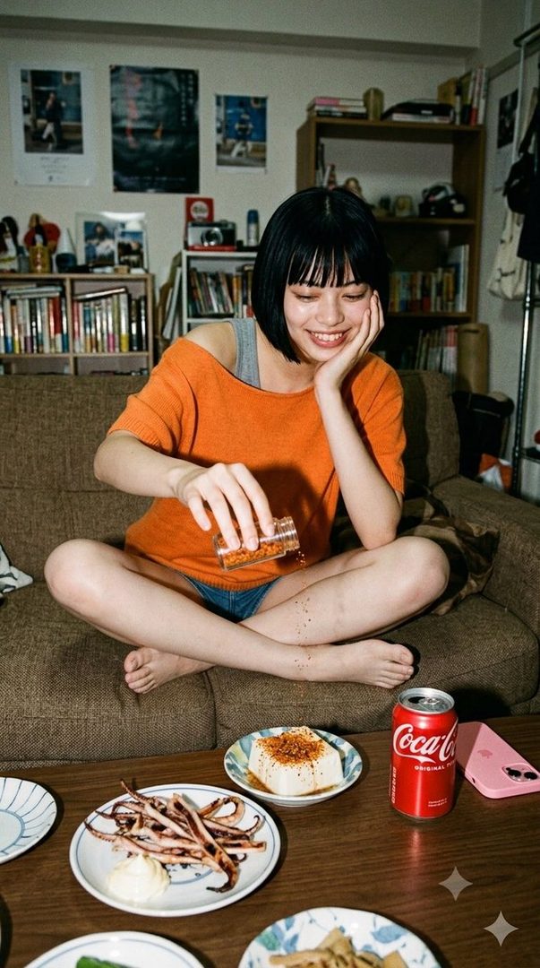 A young woman with short black hair and bangs, wearing an orange off-the-shoulder top and denim shorts, sits cross-legged on a couch, smiling and sprinkling seasoning from a small jar.