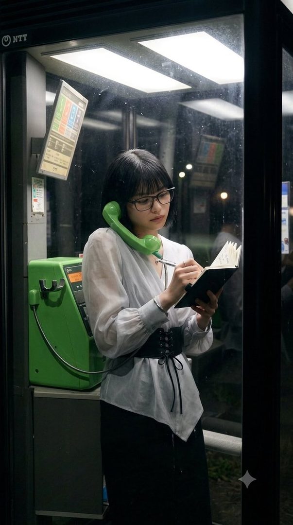 A young woman with short black hair and glasses stands in a phone booth, holding a phone receiver to her ear and writing in a notebook.