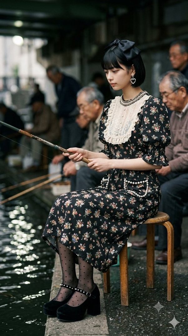 A young Japanese woman with short black hair and bangs, wearing a black floral dress with a white lace collar and pearl accents, sits on a stool by the water, holding a fishing rod. She wears black polka dot stockings and mary jane platform shoes. Several older men are fishing in the background.