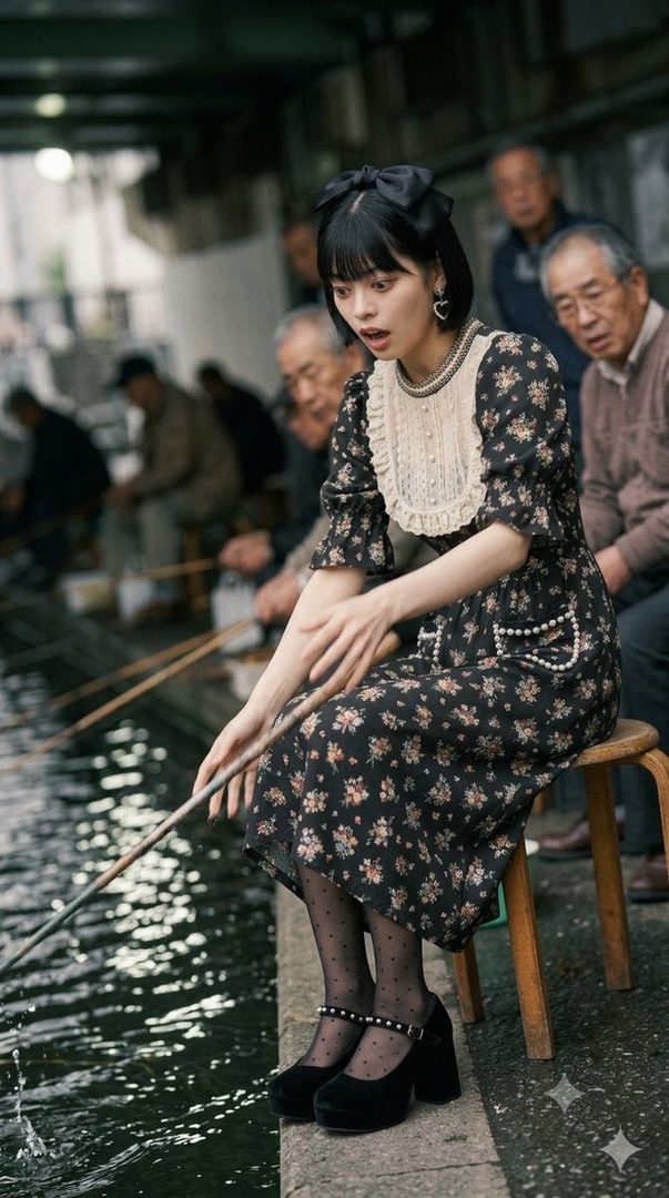 A young woman with black bob hair and bangs, wearing a floral dress and black platform shoes, sits by the water fishing.