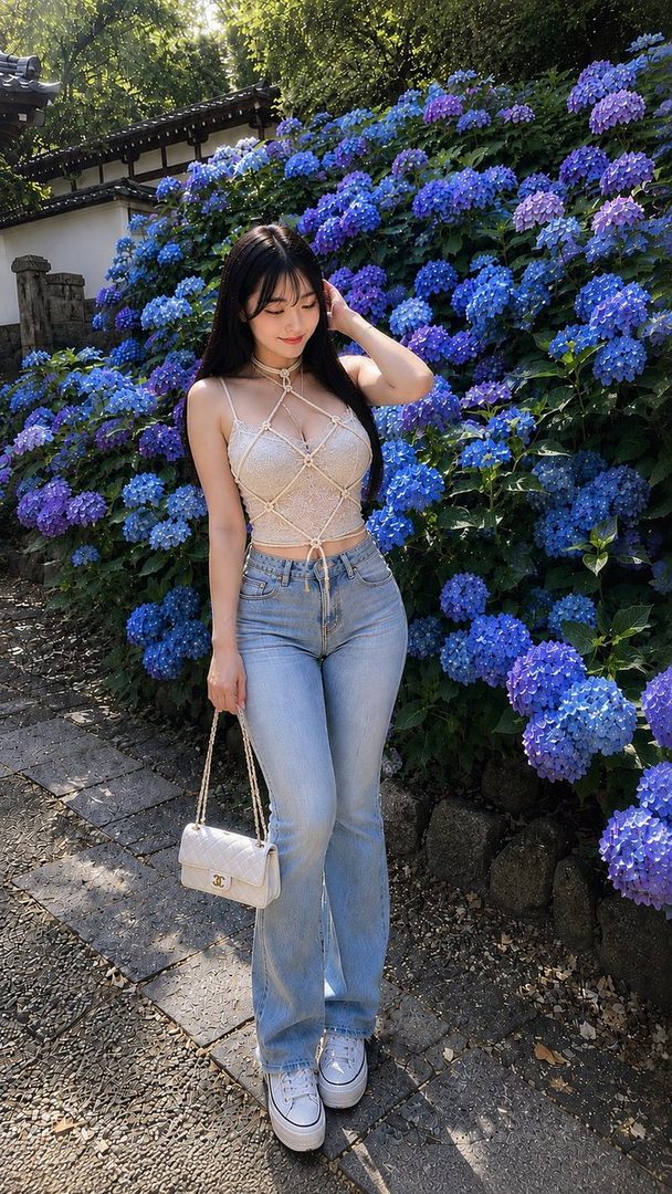 A young East Asian woman with long black hair stands in front of a wall of blue hydrangeas, wearing a beige lace crop top and light blue flared jeans.