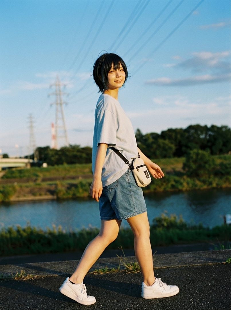 A young woman with short black hair walks outdoors on a sunny day, wearing a light blue t-shirt and denim shorts.
