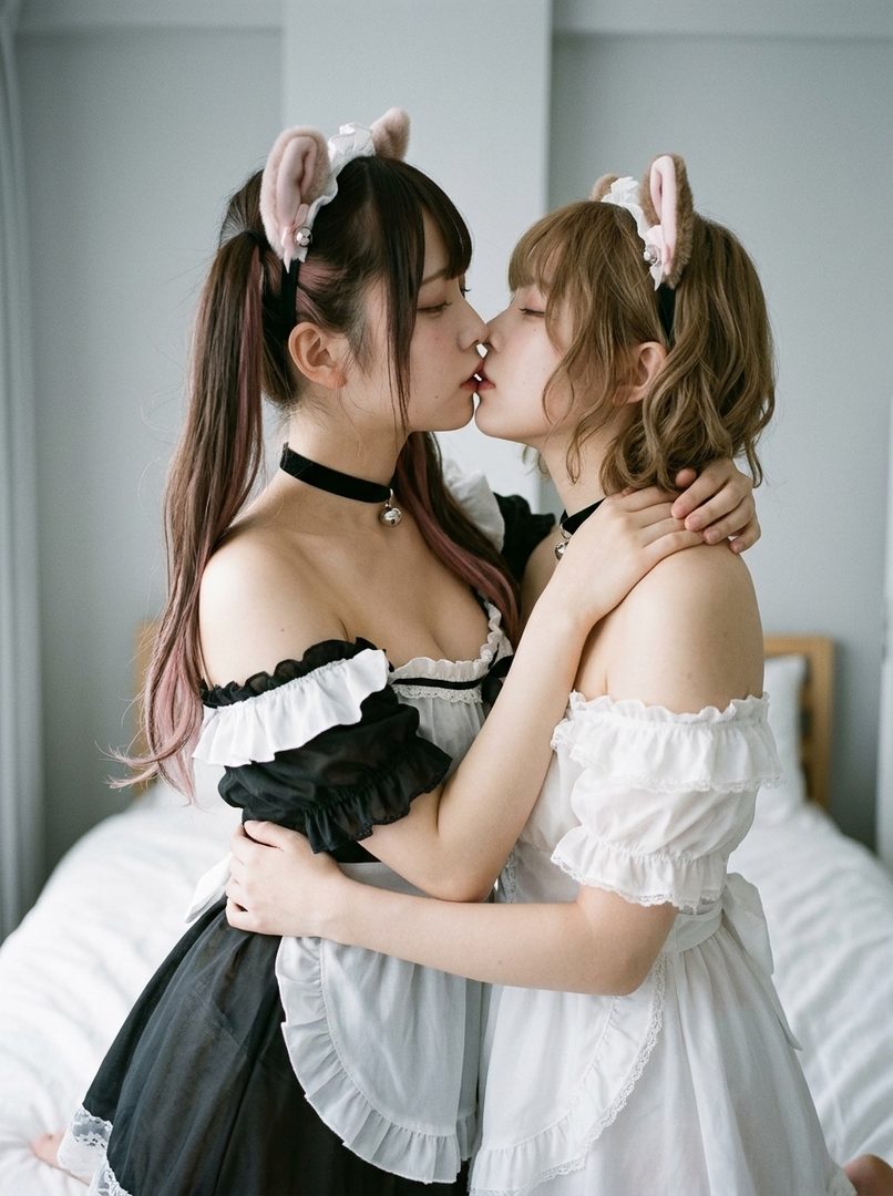 Two young women in maid outfits with cat ears, kissing passionately in a bedroom.