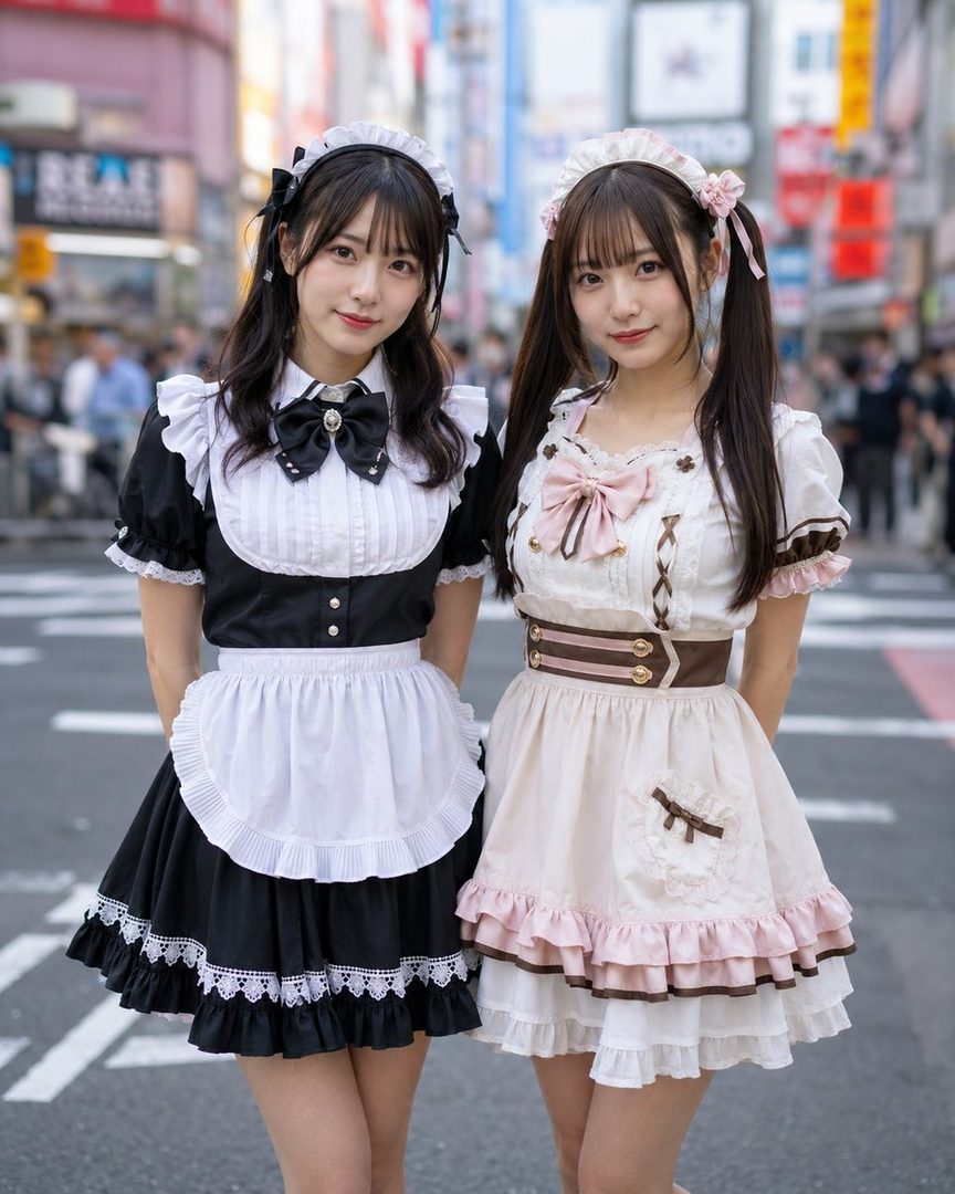Two young women in maid outfits posing on a city street.