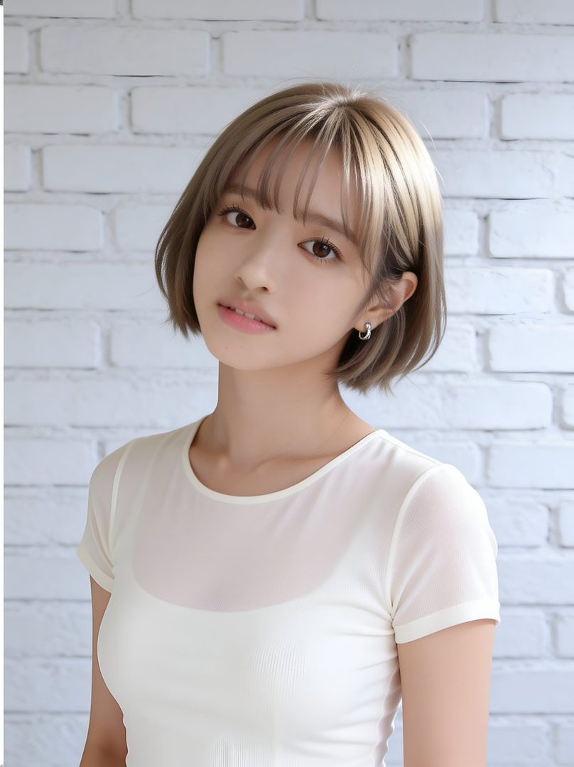 A young East Asian woman with short blonde hair and bangs, wearing a white sheer top over a white tank top, poses indoors against a white brick wall.
