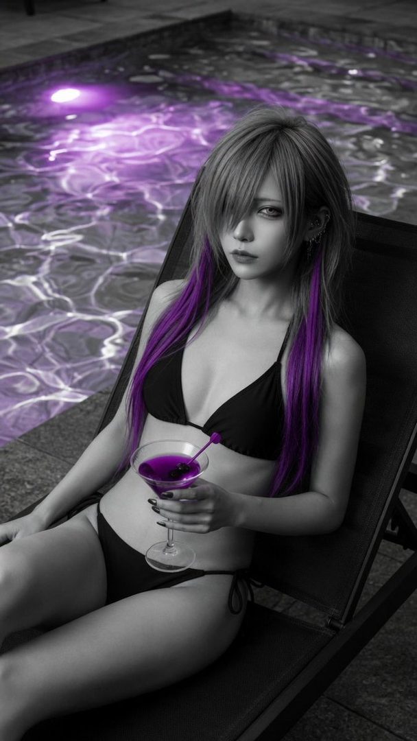 A young woman with long, purple-streaked hair in a black bikini sits by a pool, holding a purple cocktail.