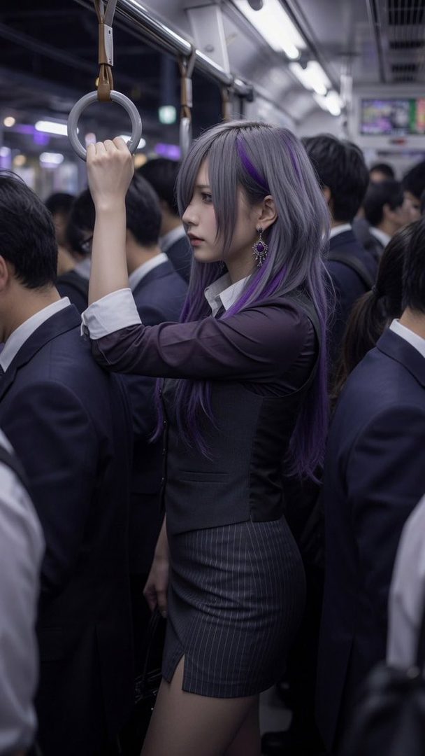 A young woman with long, purple-streaked silver hair stands on a crowded train, holding onto a handrail.