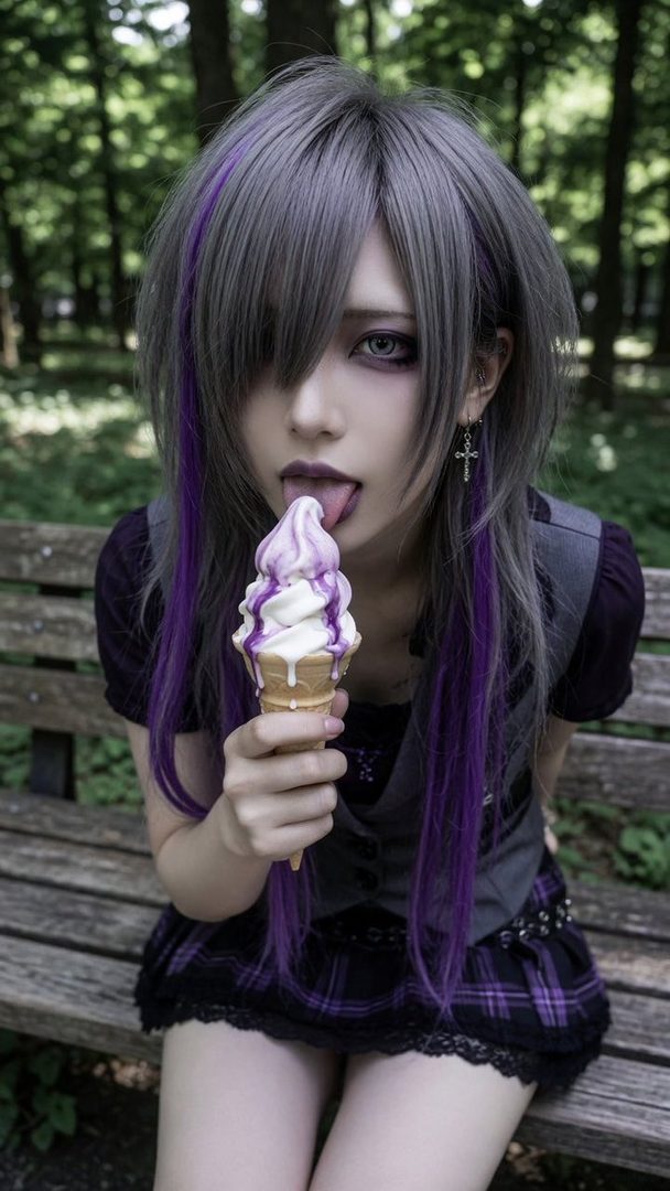 A young person with long, grey hair with purple streaks, wearing a dark plaid skirt and vest, sits on a park bench and licks an ice cream cone.