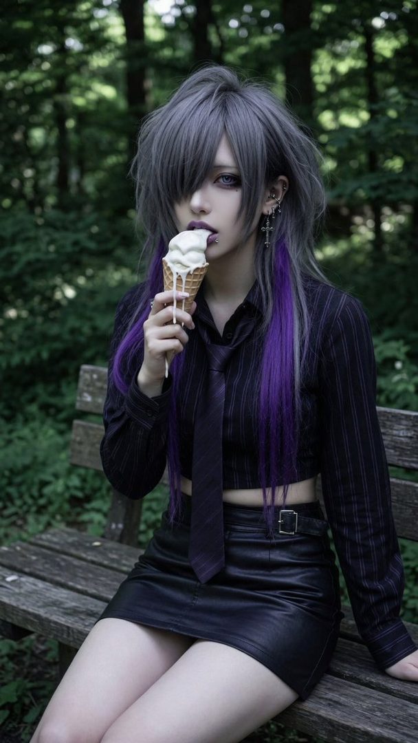 A person with long, messy grey and purple hair sits on a park bench eating an ice cream cone.