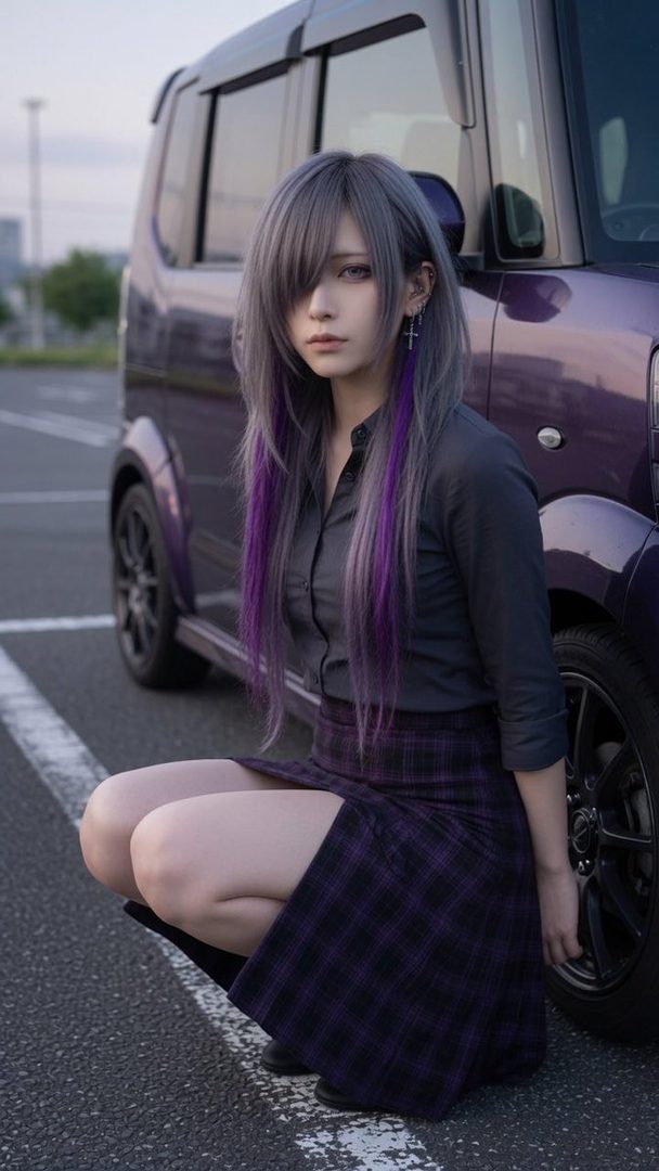 A young woman with long, layered grey hair with purple streaks, wearing a dark collared shirt and a purple plaid skirt, squats next to a purple car in a parking lot.