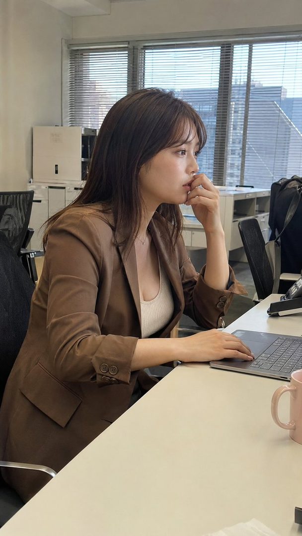 A young East Asian woman in a brown blazer and a cream-colored top sits at a desk in an office, looking thoughtfully at her laptop.