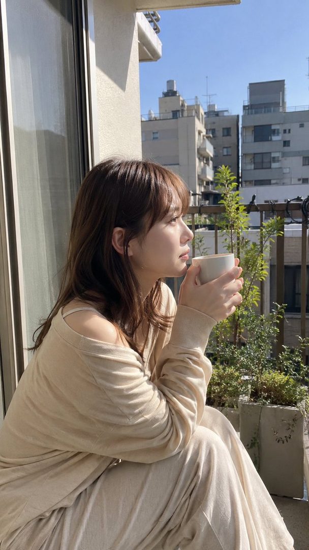 A young woman with long brown hair sits on a balcony, holding a mug of coffee and looking out at the city skyline on a sunny morning.