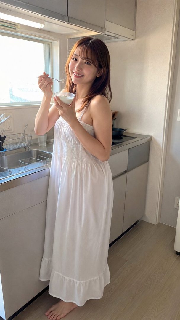 A young woman with brown hair smiles while eating yogurt in a kitchen.