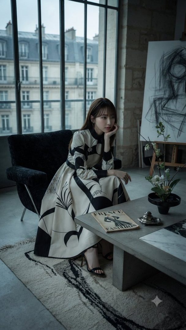 A young woman with long brown hair sits elegantly in a chair, wearing a stylish black and white patterned dress, in a room with large windows and artwork.