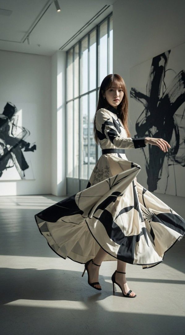 A woman in a flowing black and white patterned dress twirls in a bright, modern art gallery with large abstract paintings on the walls.