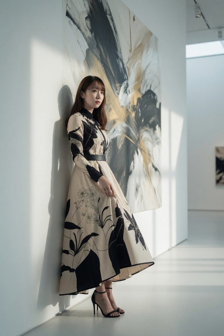 A woman in a long, patterned dress stands in an art gallery, leaning against a white wall next to a large abstract painting.