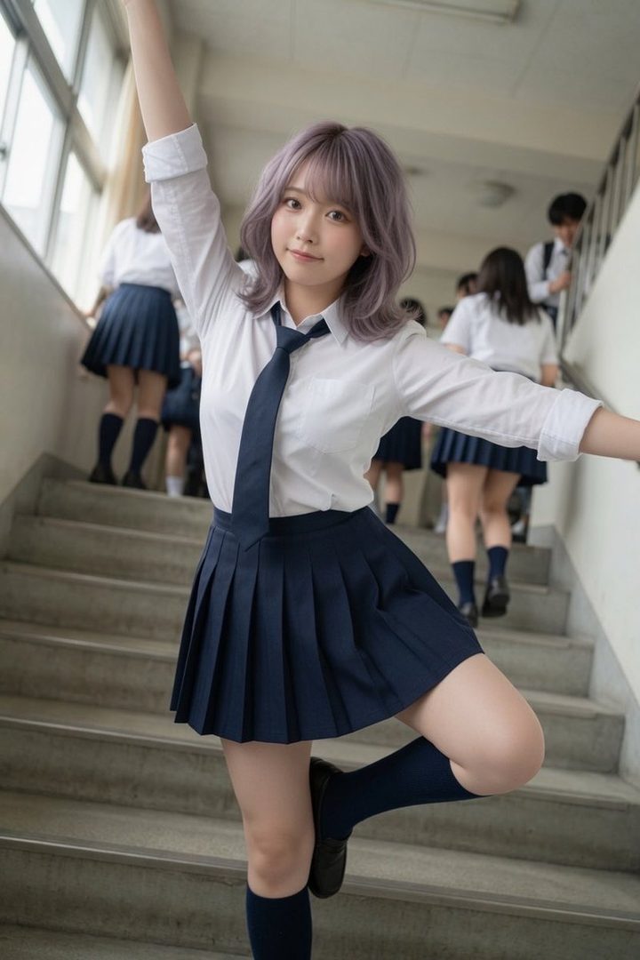 A young woman with light purple hair in a school uniform poses playfully on a staircase, looking at the camera.
