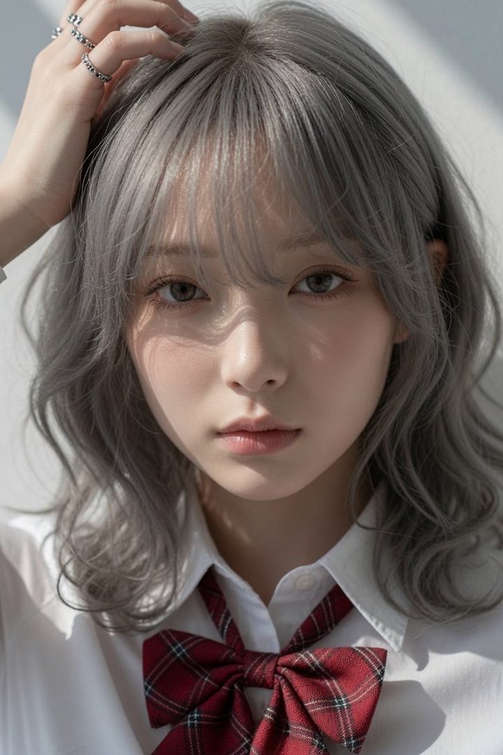 A close-up portrait of a young East Asian woman with silver wavy hair, wearing a white collared shirt and a red plaid bow tie.