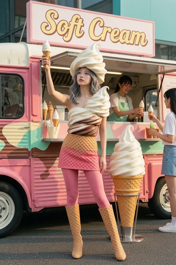 A woman in a creative ice cream-themed outfit poses in front of a soft cream truck, holding an ice cream cone.