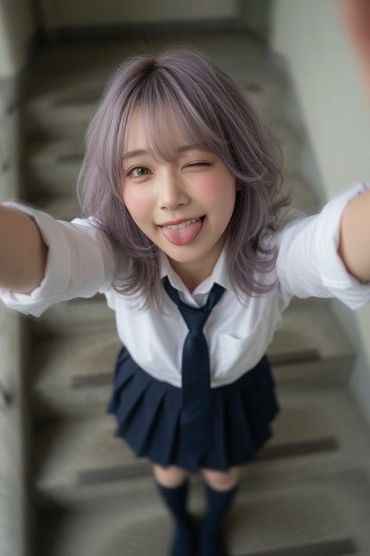 A young woman with purple hair winks and sticks out her tongue while wearing a school uniform.