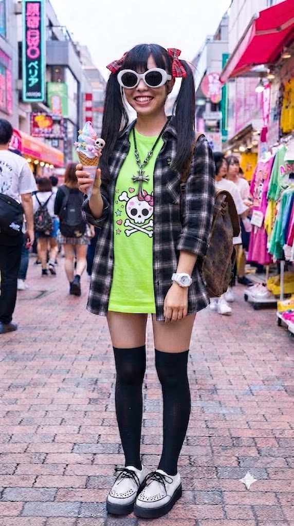 A young woman with black twintails and sunglasses smiles while holding an ice cream cone on a bustling street in Japan.