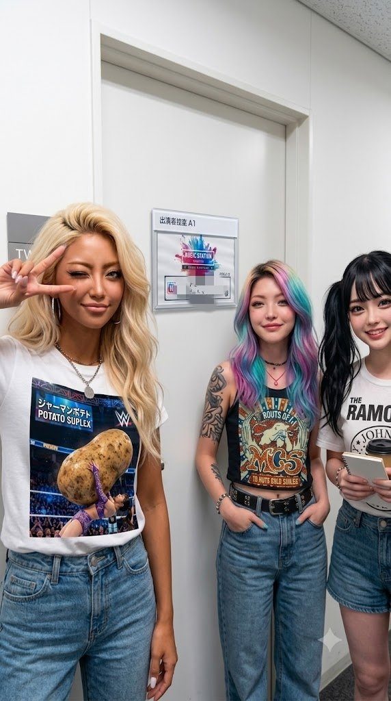 Three young women posing for a photo in a backstage area, with one winking and giving a peace sign.