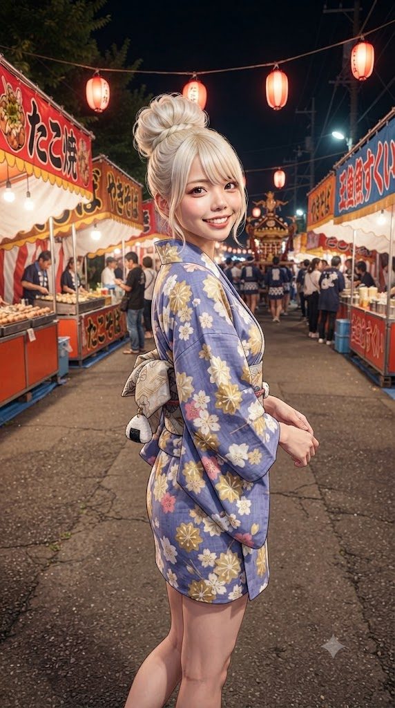 A young woman with blonde hair in a bun, wearing a purple floral yukata, smiles at the camera at a night festival with food stalls and lanterns.