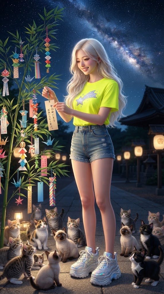 A young woman with long blonde hair, wearing a neon yellow t-shirt and denim shorts, stands outdoors at night, holding a paper wish on a bamboo branch decorated with origami. She is surrounded by many cats.