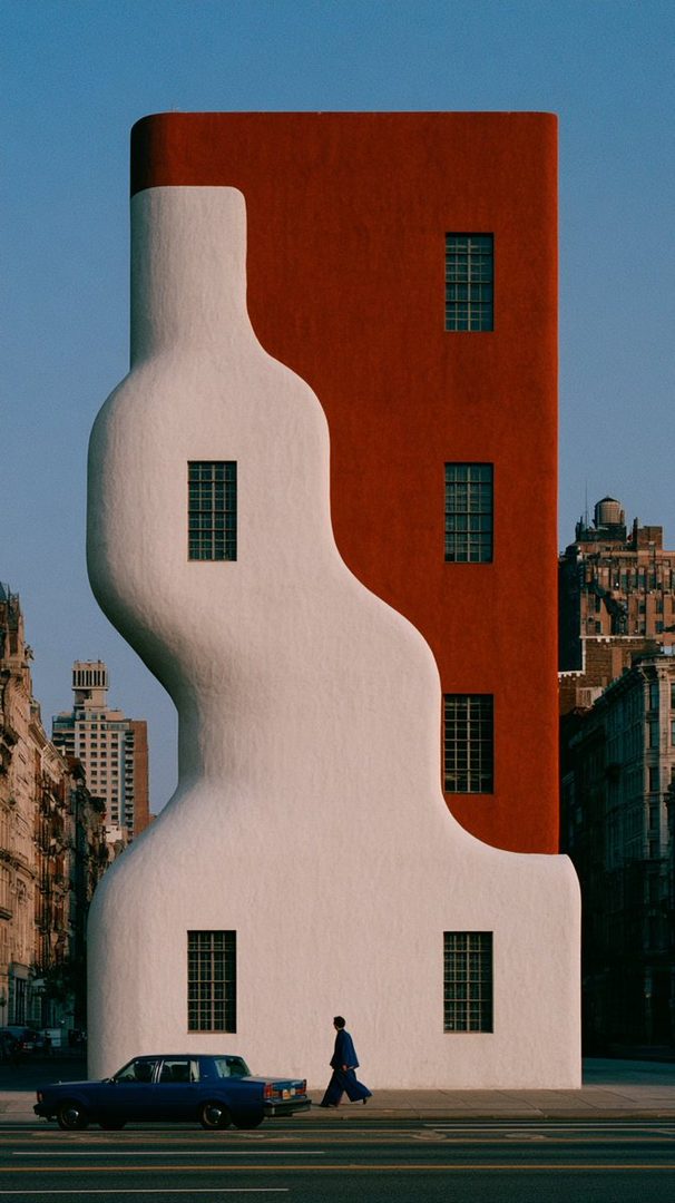A person in a blue outfit walks past a unique white and red building on a city street with a blue car.