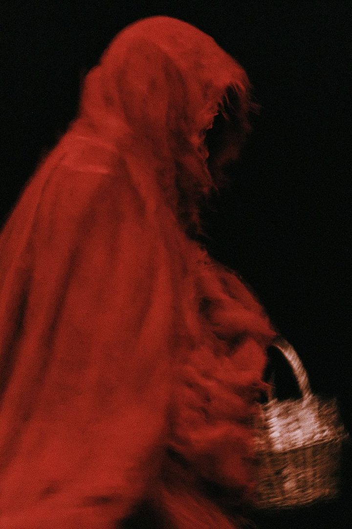 A person in a red hooded cloak holding a basket, with a dark background.
