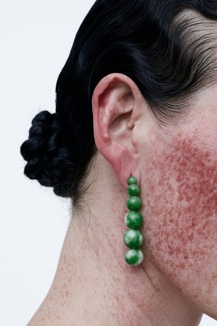 Close-up portrait of a person with black hair styled in a bun, wearing a green beaded earring and showing textured skin.