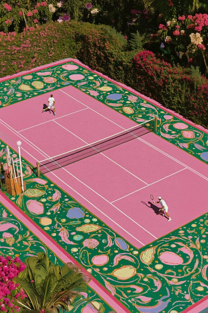 Two people playing tennis on a vibrant pink court with a decorative green border featuring fruit and floral motifs, surrounded by lush greenery.