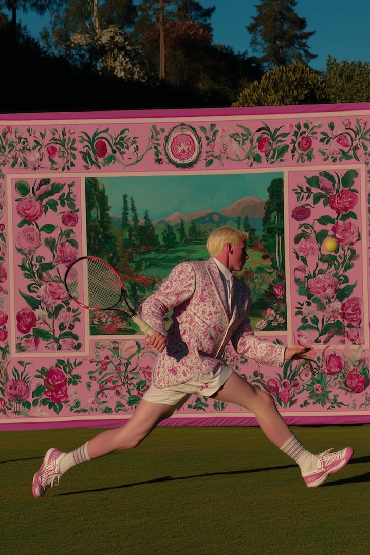 A person in a floral suit and shorts plays tennis on a grass court, with a pink floral backdrop.