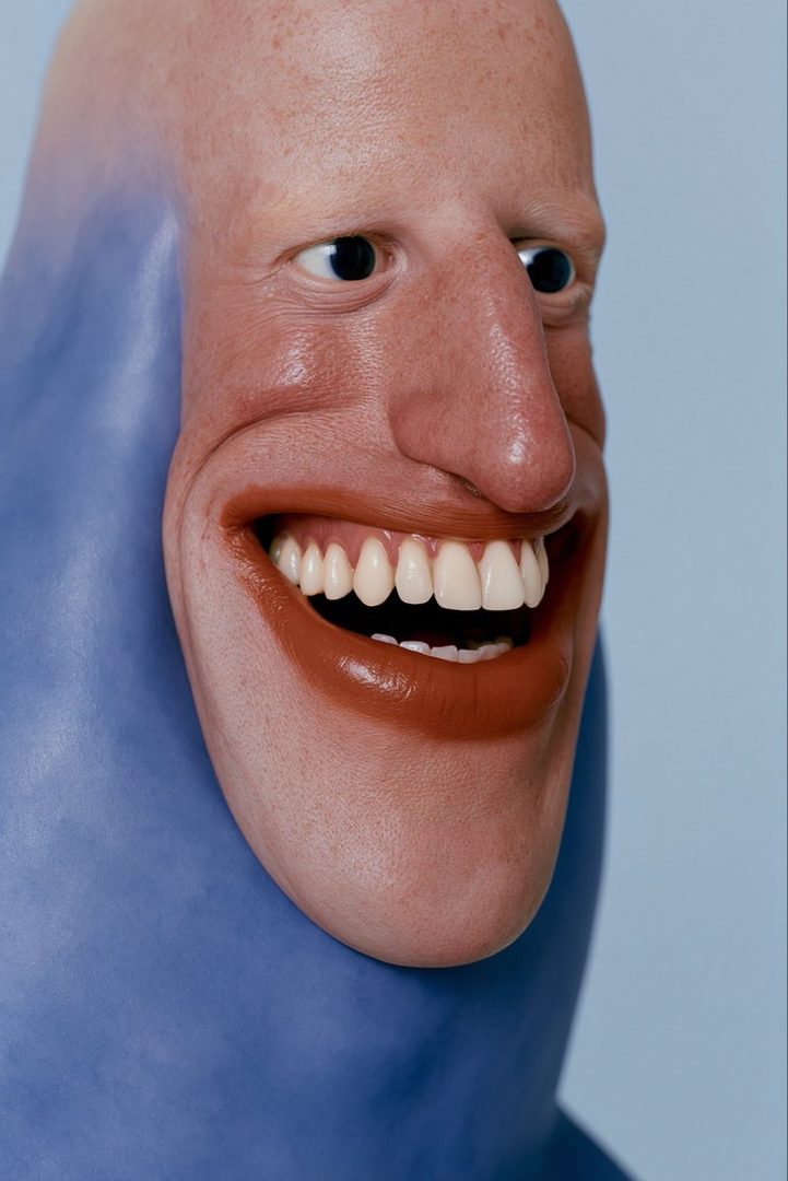A close-up photorealistic portrait of a person with a large, exaggerated smile and a blue garment covering their neck and shoulders.