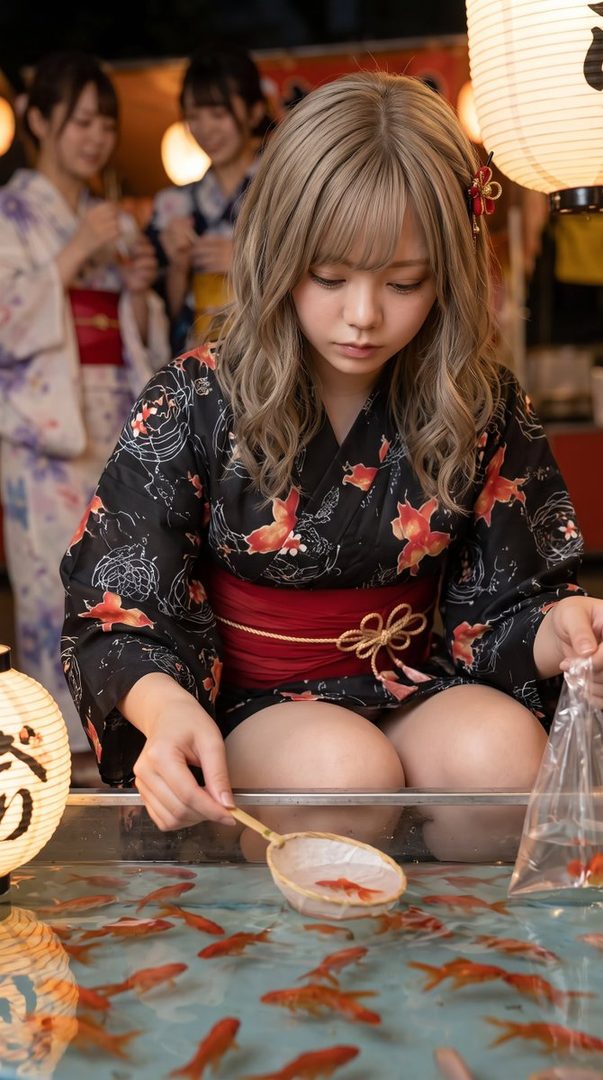 A young woman with blonde hair wearing a black and red floral yukata plays a goldfish scooping game at a summer festival, with other women in yukatas in the background.