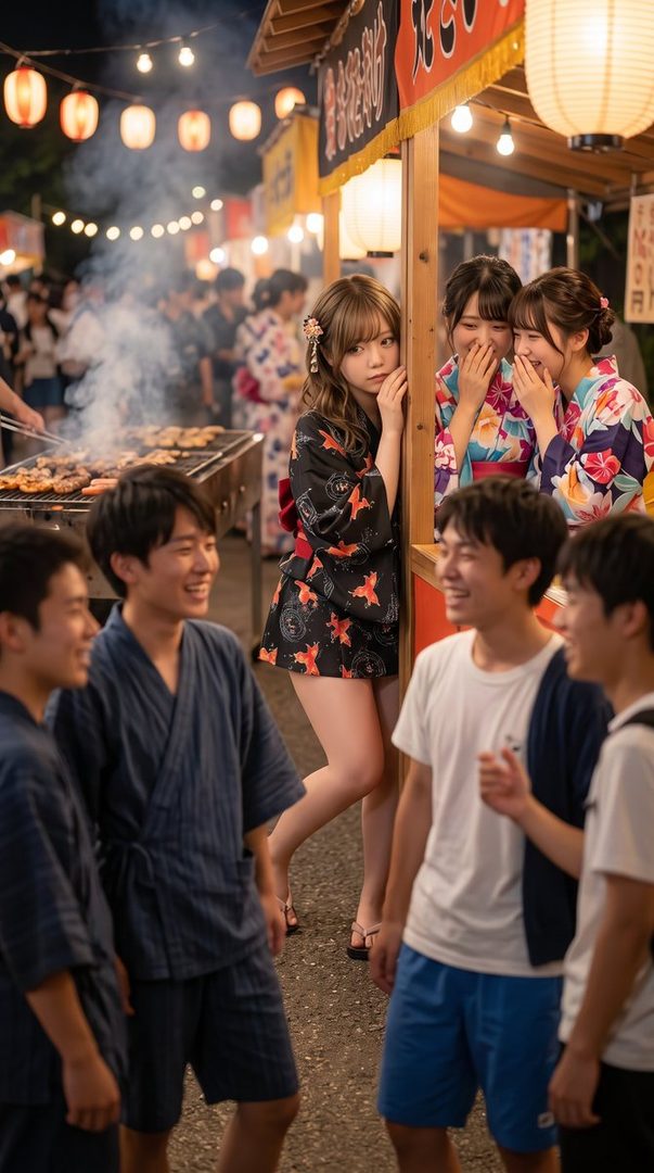 A young woman in a yukata poses playfully at a Japanese summer festival, with friends whispering behind her and young men in the background.
