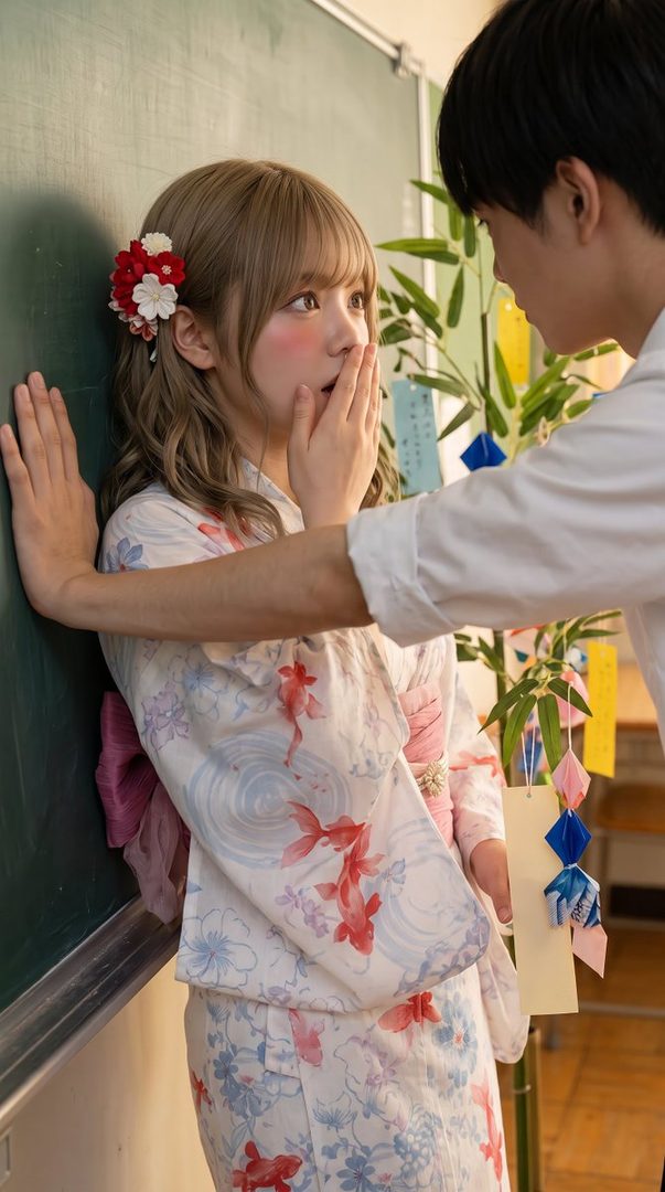 A young woman in a yukata with goldfish patterns, her hand covering her mouth in surprise, leans against a blackboard as a young man in a white shirt approaches her. Tanabata decorations are visible in the background.