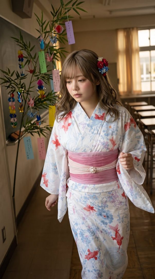 A young Japanese woman in a floral yukata stands in a classroom decorated for Tanabata.