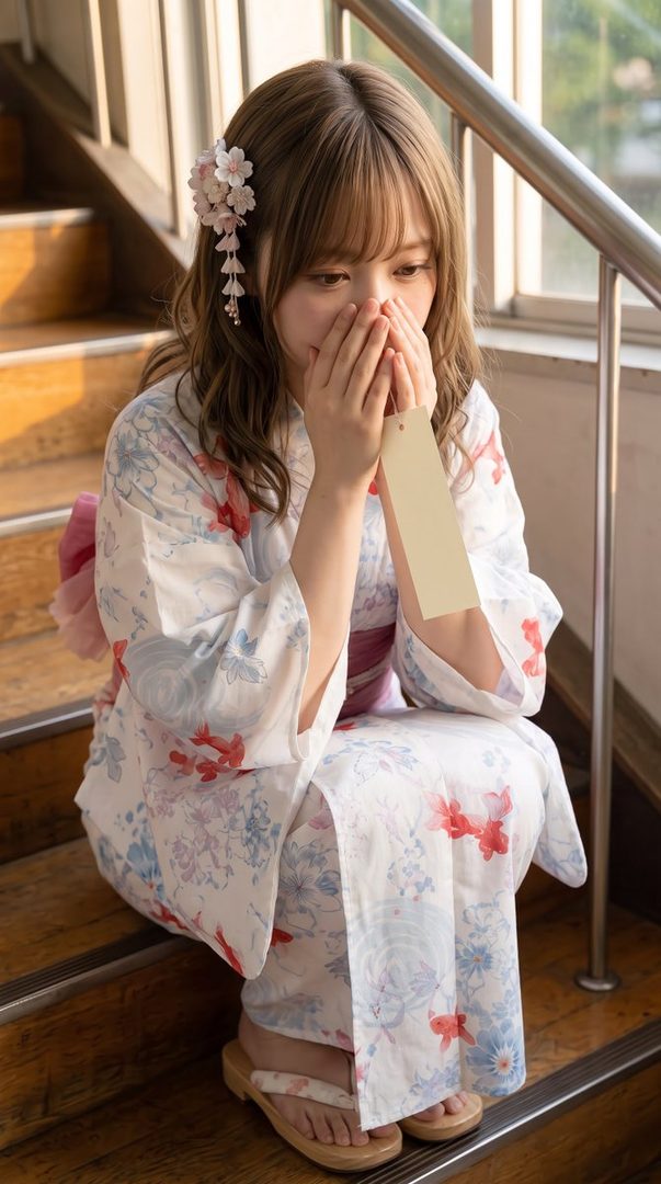 A young Japanese woman in a white yukata with floral patterns sits on wooden stairs, covering her mouth with her hands, with a pink flower accessory in her hair.