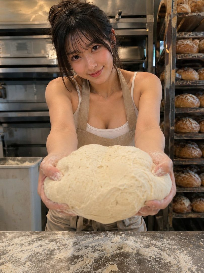 A young woman with her hair up in a bun, wearing an apron over a white tank top, holds a large ball of dough in a bakery. She is smiling at the camera.