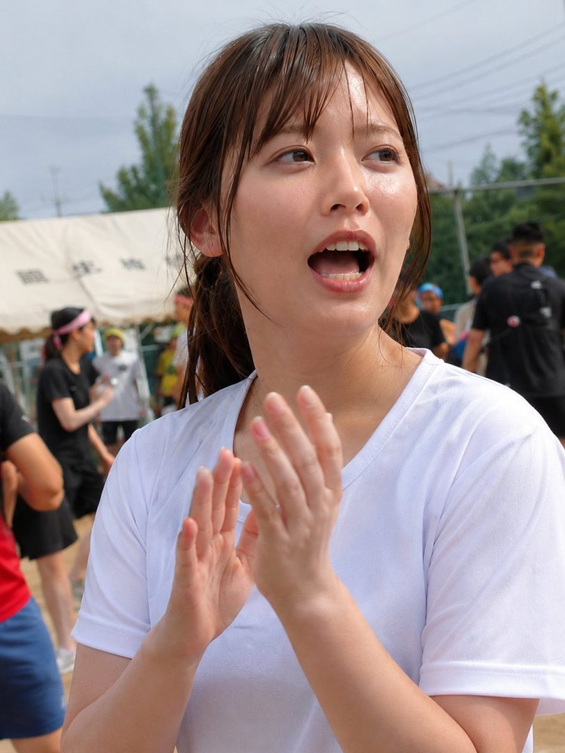 A young woman with brown hair, wearing a white t-shirt, claps her hands and looks to the side with her mouth open, appearing excited at an outdoor event.