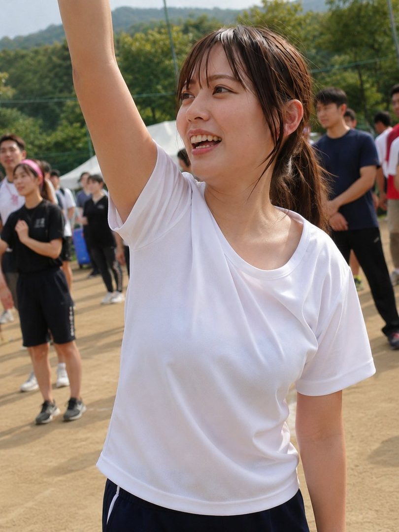 A young East Asian woman with her arm raised, smiling and looking to the side, wearing a white t-shirt and dark shorts, outdoors at a sporting event.