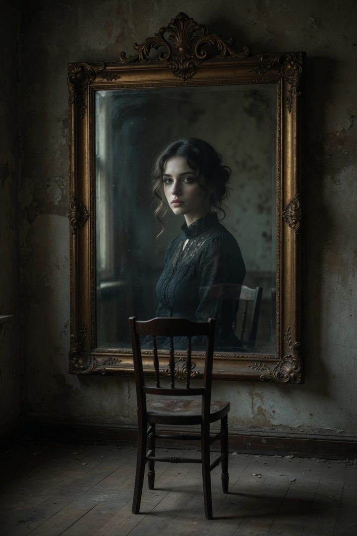 A young woman with dark, curly hair is reflected in an ornate antique mirror, wearing a black lace dress. She is seated in a dimly lit, rustic room with a wooden chair in the foreground.
