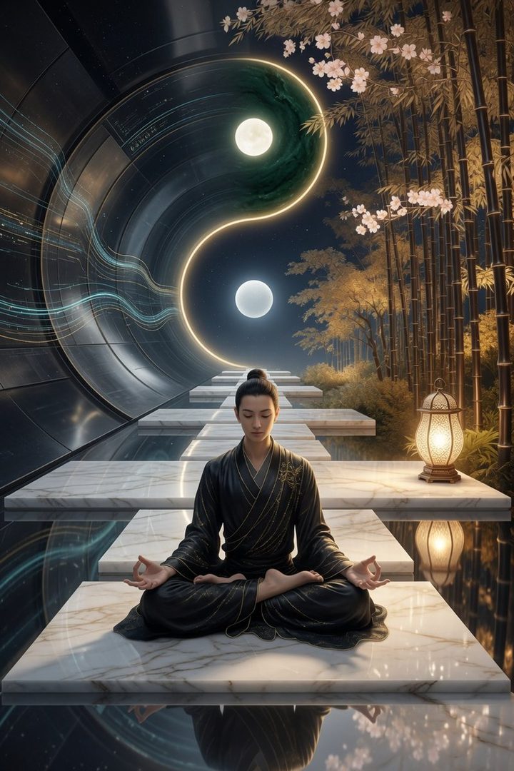 A person in traditional black attire meditates in a serene, futuristic setting with a yin-yang symbol and bamboo.