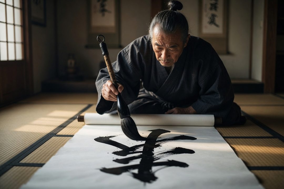 An elderly East Asian man in traditional Japanese clothing is kneeling on a tatami mat, meticulously practicing calligraphy with a large brush on a scroll of white paper.