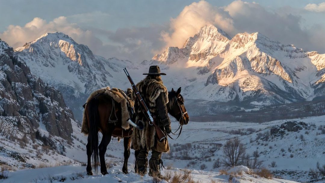 A person in fur clothing stands with a horse in a snowy mountain landscape.